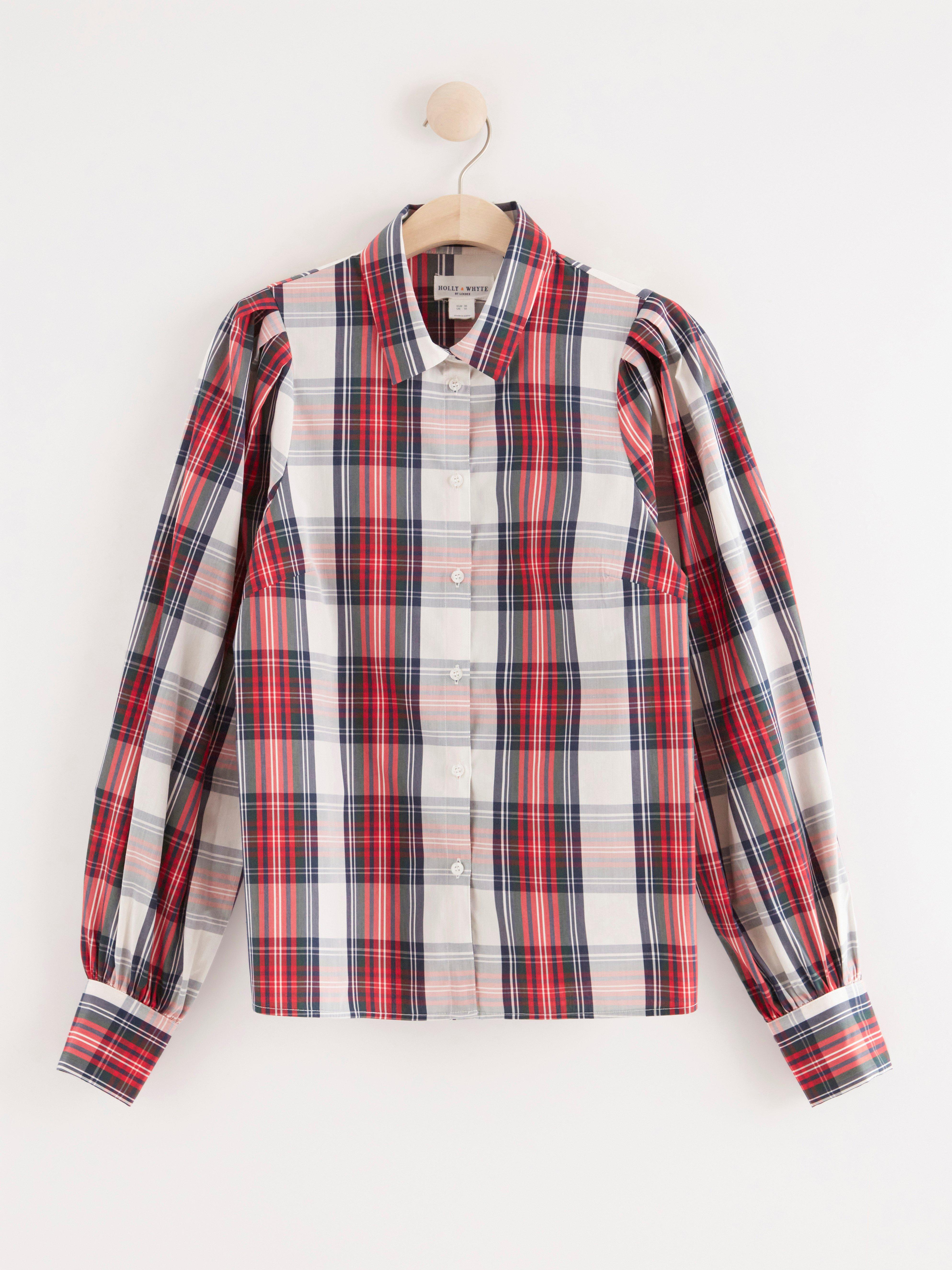 Skotskrutig blus med puffärm